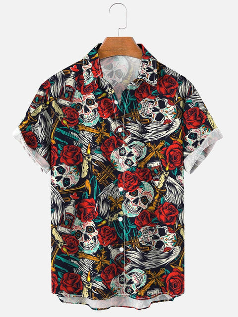 Men's Skulls And Roses Hawaiian Short Sleeve Shirt