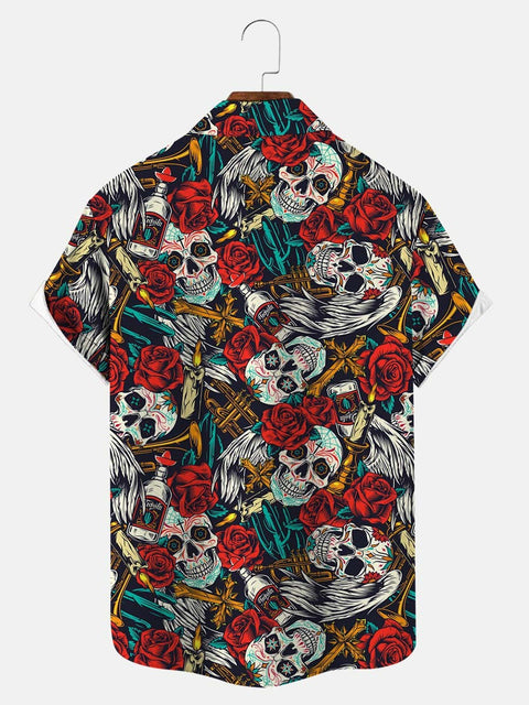 Men's Skulls And Roses Hawaiian Short Sleeve Shirt