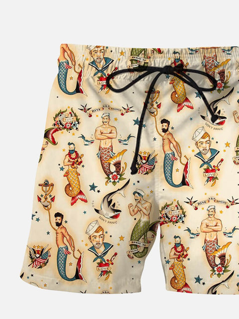 Men's Mermaid Sailor Print  Casual Hawaiian Beach Board Drawstring Shorts