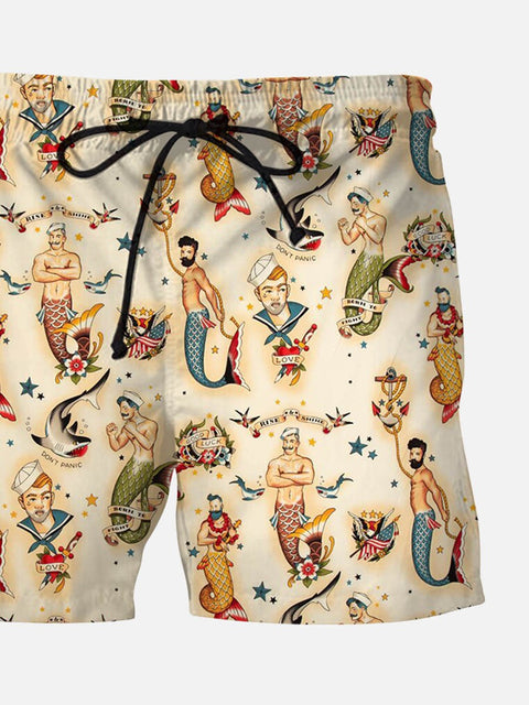 Men's Mermaid Sailor Print  Casual Hawaiian Beach Board Drawstring Shorts