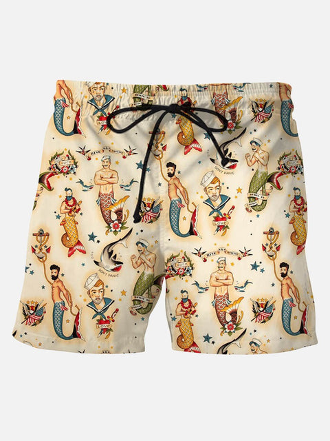 Men's Mermaid Sailor Print  Casual Hawaiian Beach Board Drawstring Shorts