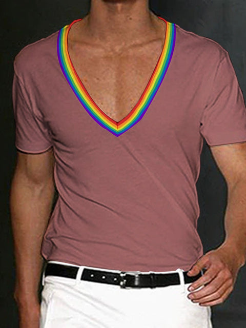 Men's Rainbow Stripe V-neck T-Shirt