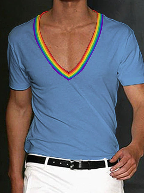 Men's Rainbow Stripe V-neck T-Shirt