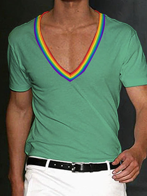 Men's Rainbow Stripe V-neck T-Shirt