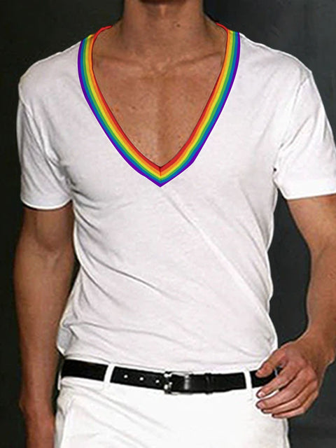 Men's Rainbow Stripe V-neck T-Shirt