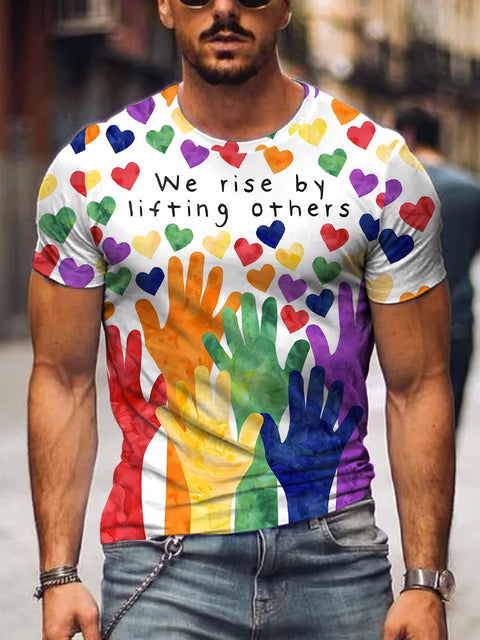 Men's We Rise By Lifting Others Heart Rainbow Print T-Shirt