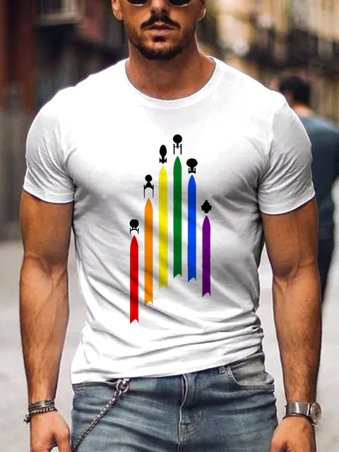 Men's Spaceship Rocket Rainbow Gay Print Casual T-Shirt