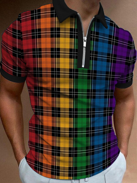 Men's Plaid Stripes Lines Rainbow Polo Shirt