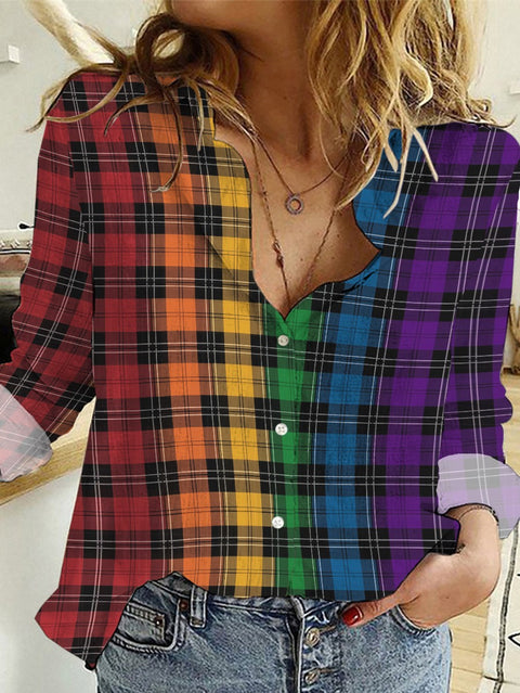 Women's Plaid Stripes Lines Rainbow Printed Casual Shirt