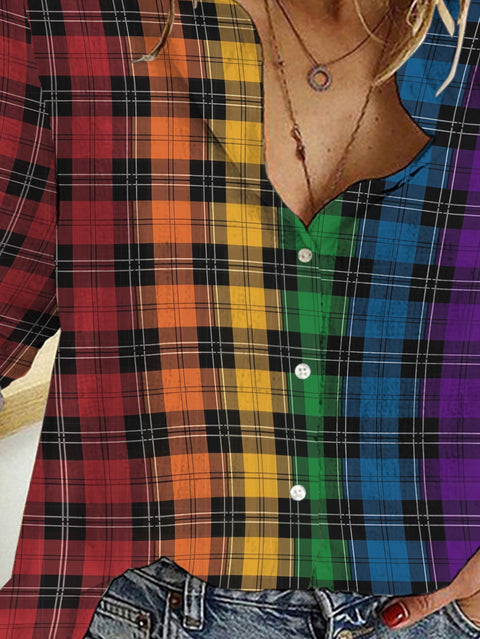 Women's Plaid Stripes Lines Rainbow Printed Casual Shirt