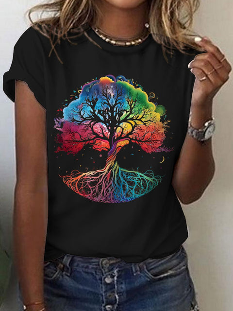 Women's Radiant Rainbow Tree of Life Print Casual T-shirt