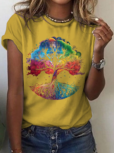 Women's Radiant Rainbow Tree of Life Print Casual T-shirt