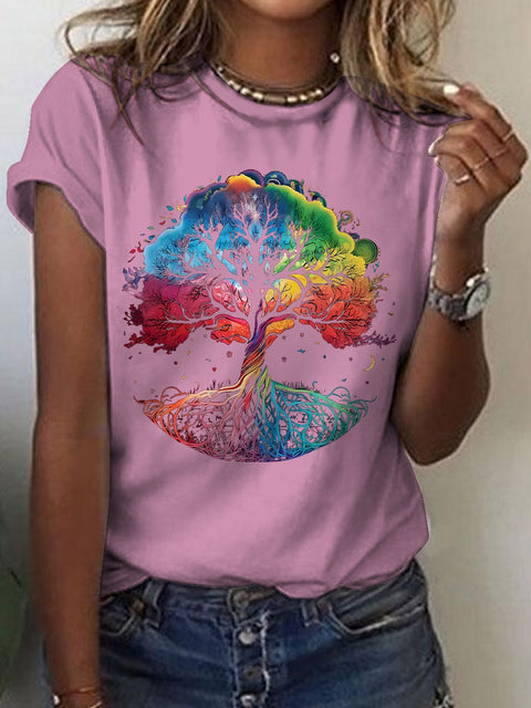 Women's Radiant Rainbow Tree of Life Print Casual T-shirt