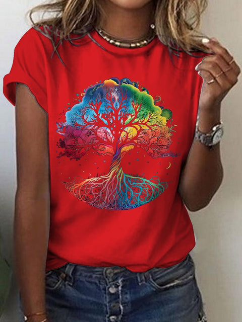 Women's Radiant Rainbow Tree of Life Print Casual T-shirt