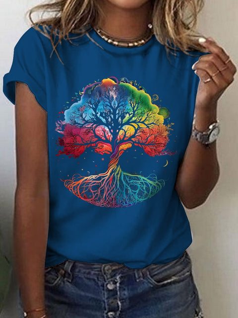 Women's Radiant Rainbow Tree of Life Print Casual T-shirt