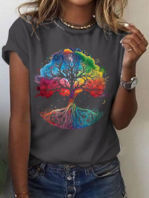 Women's Radiant Rainbow Tree of Life Print Casual T-shirt