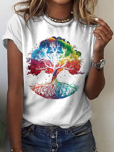 Women's Radiant Rainbow Tree of Life Print Casual T-shirt