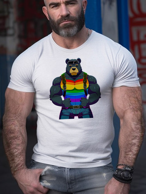 Men's LGBT Leatherbound Rainbow Bruiser Muscular Gay Bear Harness Casual Print T-Shirt