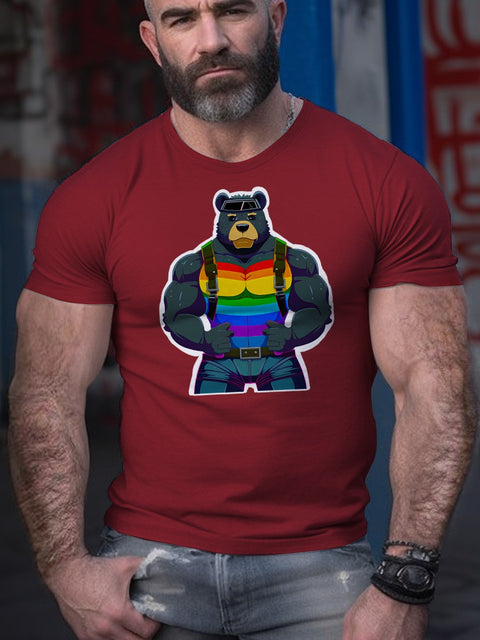 Men's LGBT Leatherbound Rainbow Bruiser Muscular Gay Bear Harness Casual Print T-Shirt