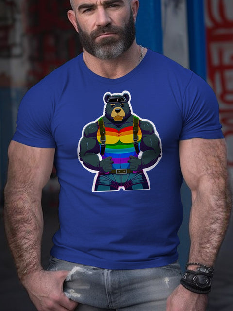 Men's LGBT Leatherbound Rainbow Bruiser Muscular Gay Bear Harness Casual Print T-Shirt