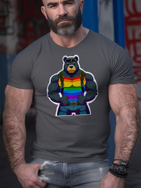 Men's LGBT Leatherbound Rainbow Bruiser Muscular Gay Bear Harness Casual Print T-Shirt