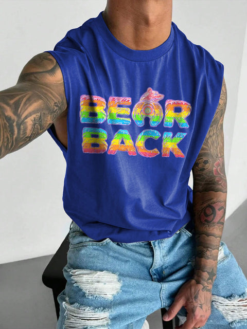 Men's Bearback Rainbow LGBT Gay Pride Print Wide Shoulder Vest