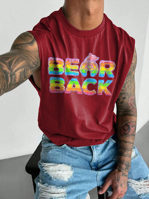 Men's Bearback Rainbow LGBT Gay Pride Print Wide Shoulder Vest