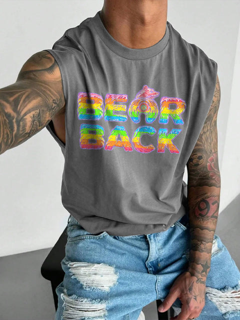 Men's Bearback Rainbow LGBT Gay Pride Print Wide Shoulder Vest