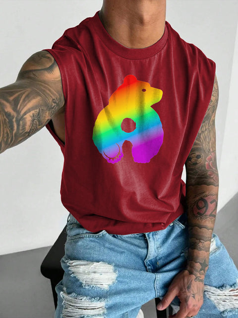 Men's Bearback Rainbow LGBT Gay Pride Print Wide Shoulder Vest