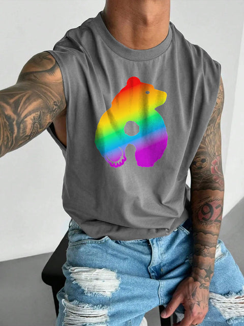 Men's Bearback Rainbow LGBT Gay Pride Print Wide Shoulder Vest