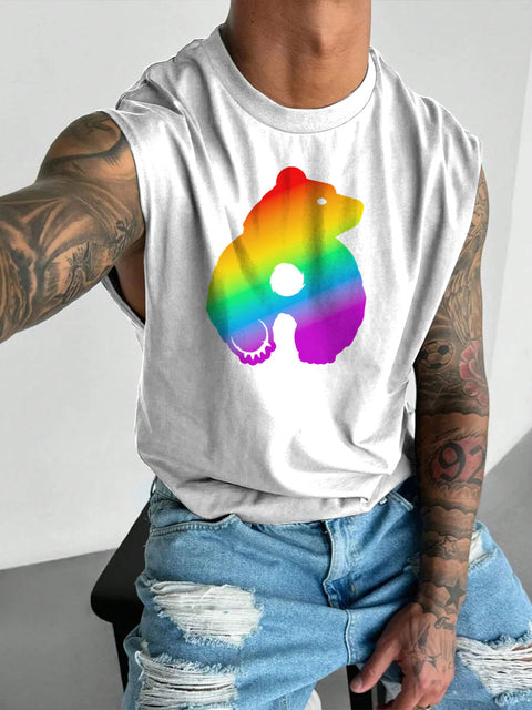 Men's Bearback Rainbow LGBT Gay Pride Print Wide Shoulder Vest