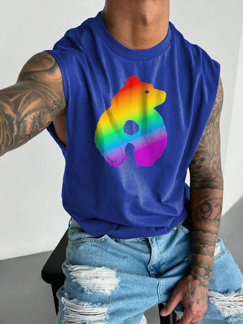 Men's Bearback Rainbow LGBT Gay Pride Print Wide Shoulder Vest