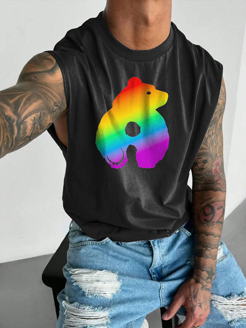 Men's Bearback Rainbow LGBT Gay Pride Print Wide Shoulder Vest
