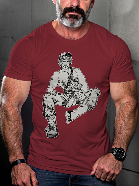 Gay Daddy Leather Mature Nude Illustration LGBT Gay Pride Art Casual Print T-shirt