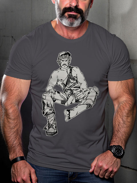 Gay Daddy Leather Mature Nude Illustration LGBT Gay Pride Art Casual Print T-shirt