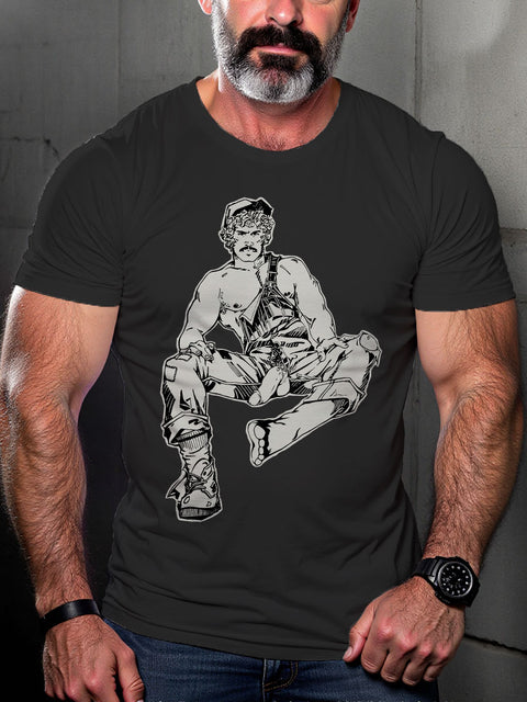 Gay Daddy Leather Mature Nude Illustration LGBT Gay Pride Art Casual Print T-shirt