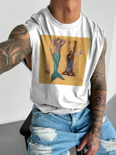 Men's LGBT Gay Pride Mermaid Print Wide Shoulder Vest