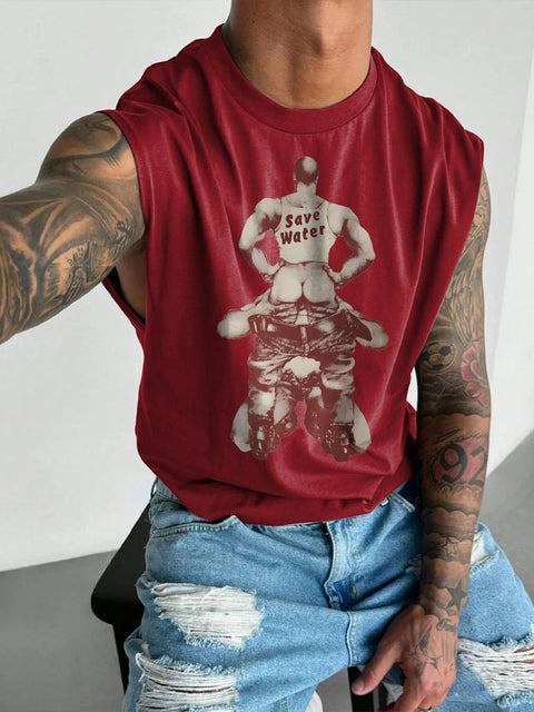 Men's LGBT Gay Pride Save Water Print Wide Shoulder Vest