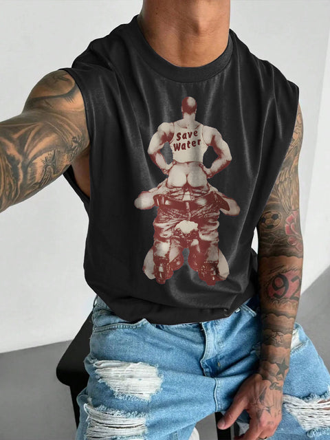 Men's LGBT Gay Pride Save Water Print Wide Shoulder Vest
