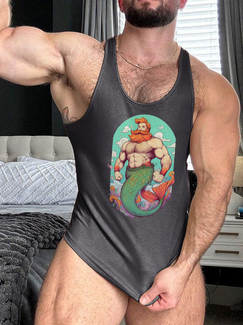 LGBT Gay Pride Month Bear Pride Mermaid Print 100% Cotton Casual Tank Top