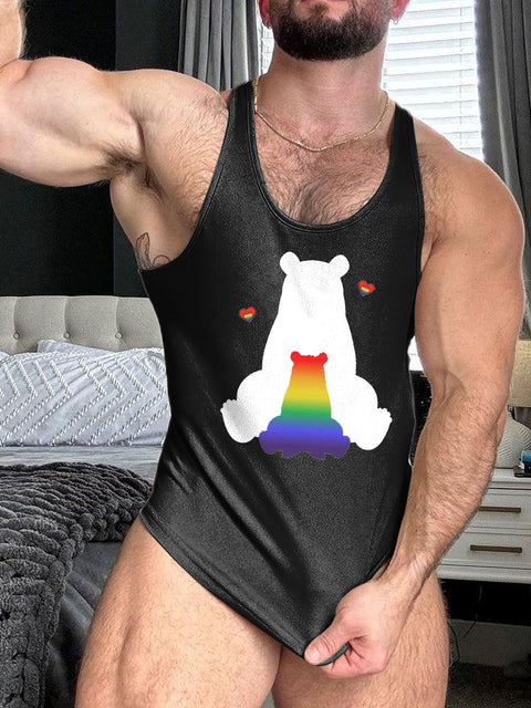 LGBT Gay Pride Rainbow Bear Print 100% Cotton Casual Tank Top
