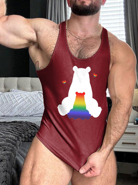 LGBT Gay Pride Rainbow Bear Print 100% Cotton Casual Tank Top