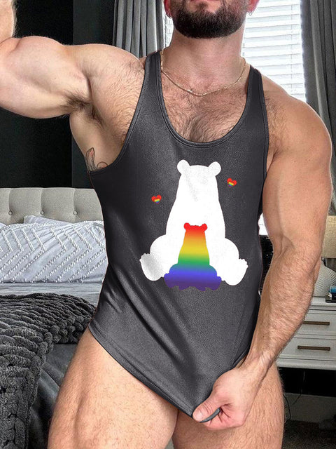 LGBT Gay Pride Rainbow Bear Print 100% Cotton Casual Tank Top