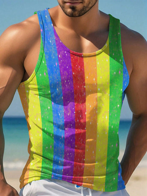 Men's Sparkle Rainbow Vertical Stripe Gay Pride Casual Print Tank Top
