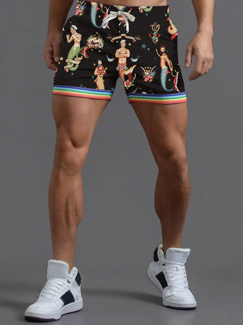 Men's Rainbow LGBT Gay Retro Fishman Sailor Element Stitching Casual Print Beach Shorts