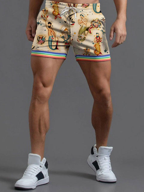 Men's Rainbow LGBT Gay Retro Fishman Sailor Element Stitching Casual Print Beach Shorts