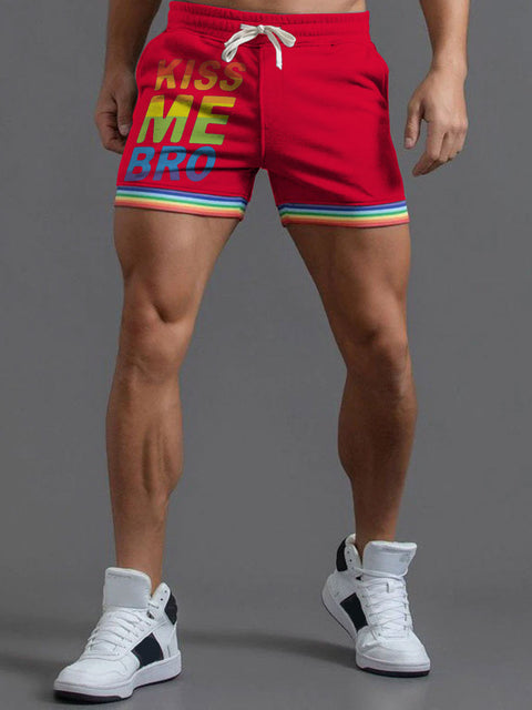 Men's Rainbow LGBT Gay KISS ME BRO Casual Print Beach Shorts