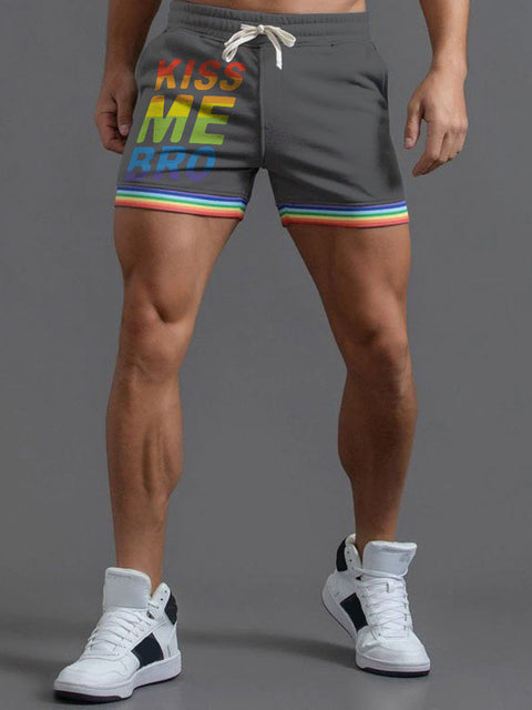 Men's Rainbow LGBT Gay KISS ME BRO Casual Print Beach Shorts