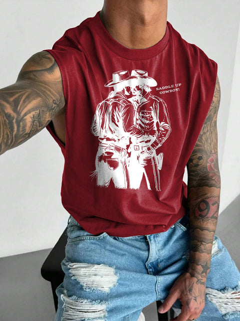 Men's LGBT Gay Pride Ride'em Cowboy Howdy Cowboys Print Casual Wide Shoulder Vest