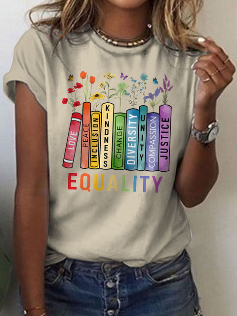 Equal Rights Book Flower Social Justice Rainbow Art Casual Print T-shirt